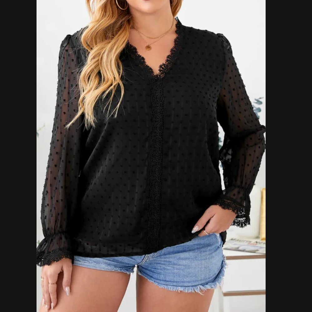 V Neck Elegant Swiss Dot Lace Splicing Plus Size Blouse